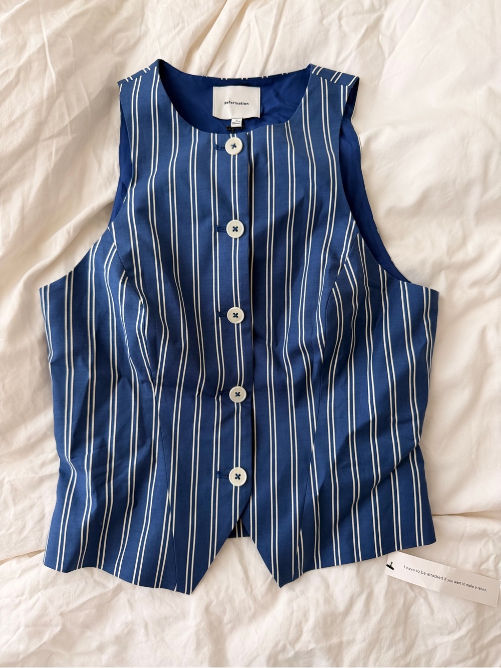Reformation Navy Blue & White Striped Sleeveless Button-Front Vest